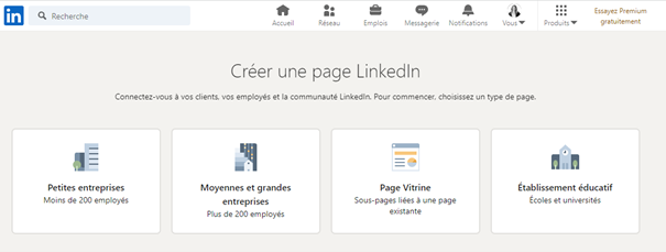 Créer une page linkedin entreprise - Choix du type de page